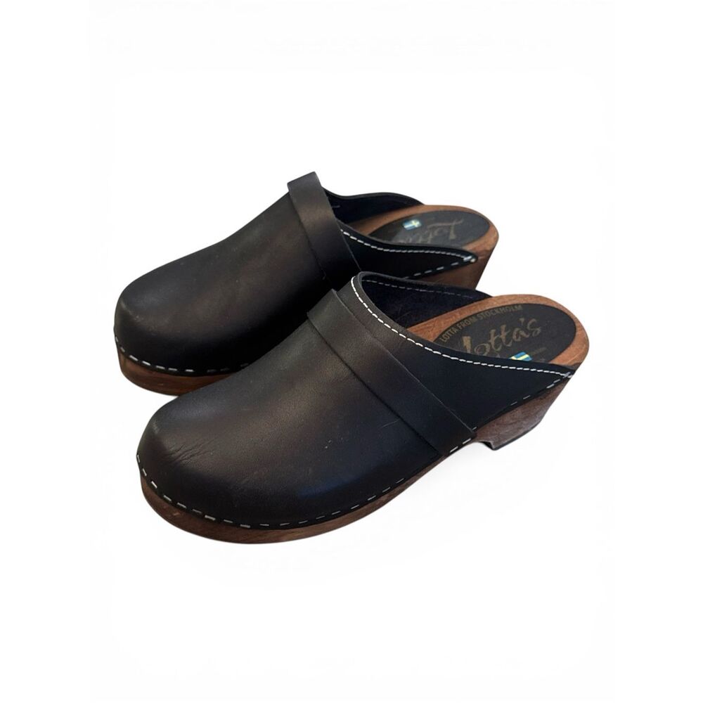 LOTTA From Stockholm Black Leather Clogs Swedish Wood Sole Slip On